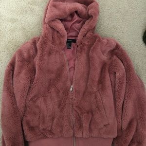 hooded pink fur coat, size M